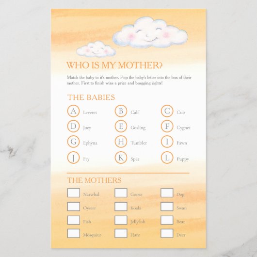 Baby shower oranje woord zoeken baby match spel flyer (Achterkant)