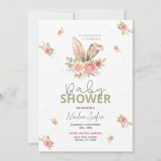 Baby shower Orejas de Conejo Rosa y Flores Kaart