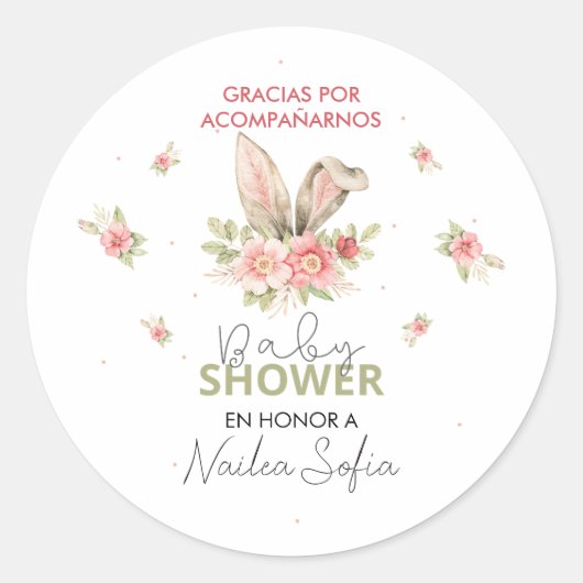Baby shower Orejas de Conejo Rosa y Flores Ronde Sticker (Voorkant)