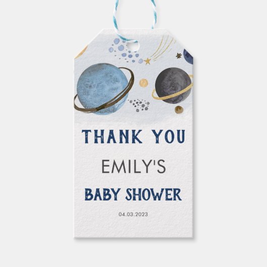Baby shower over planetruimtthema Hartelijk dank Cadeaulabel (Voorkant)