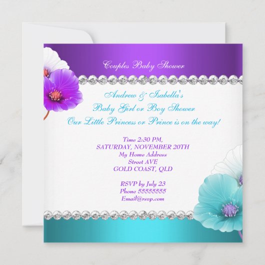 Baby shower Paars Blauwgroen blauw Kaart (Achterkant)