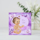  Baby shower Paars Butterfly Brunette Kaart (Staand voorkant)
