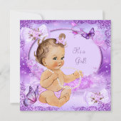  Baby shower Paars Butterfly Brunette Kaart (Voorkant)