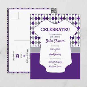 Baby shower Paars en zilver grijs argyle Briefkaart