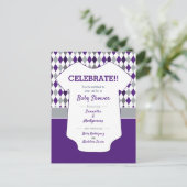 Baby shower Paars en zilver grijs argyle Briefkaart (Staand voorkant)