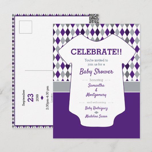 Baby shower Paars en zilver grijs argyle Briefkaart (Voorkant / Achterkant)