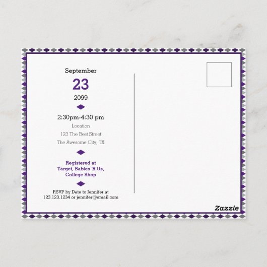 Baby shower Paars en zilver grijs argyle Briefkaart (Achterkant)