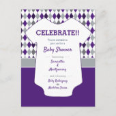 Baby shower Paars en zilver grijs argyle Briefkaart (Voorkant)