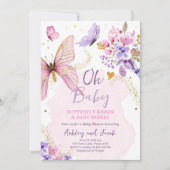 Baby shower Paars Floral Pink Girl Invi Kaart (Voorkant)