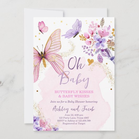 Baby shower Paars Floral Pink Girl Invi Kaart (Voorkant)