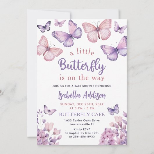 Baby shower Paars Floral roze meisje Kaart (Voorkant)