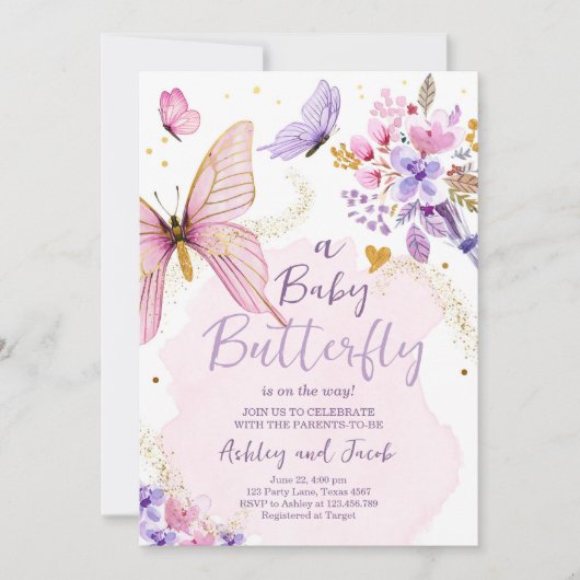 Baby shower Paars Floral roze meisje Kaart (Voorkant)