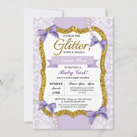 Baby shower Paars Glitter Bow Girl Kaart (Voorkant)