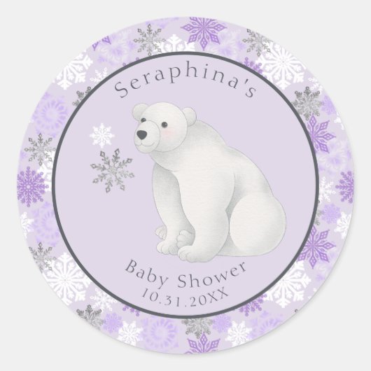 Baby shower Paars winterpolair Beer Ronde Sticker (Voorkant)