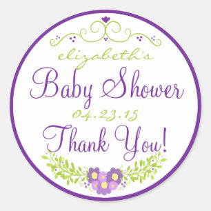 Baby shower Paarse Bloemen Dank u Ronde Sticker