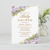 Baby shower Paarse Bloemen Waterverf Goud Kaart (Staand voorkant)
