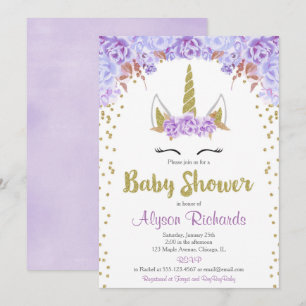 Baby shower Paarse en gouden eenhoorn Kaart