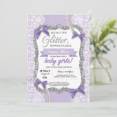 baby shower Paarse Glitter Bow Twins Girls nodigt  Kaart (Staand voorkant)