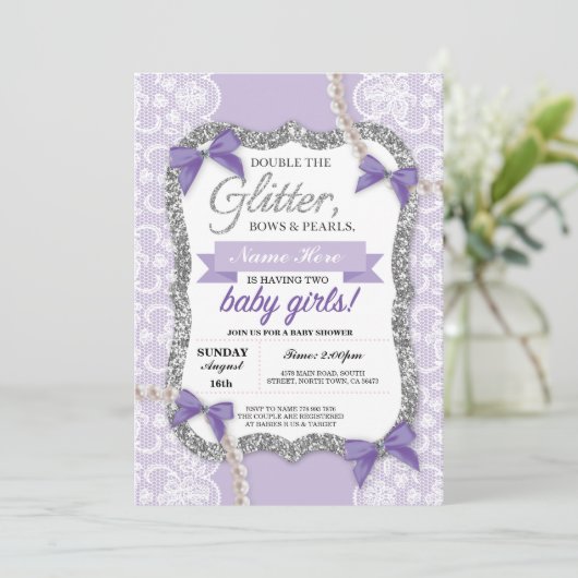 baby shower Paarse Glitter Bow Twins Girls nodigt  Kaart (Staand voorkant)