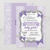 baby shower Paarse Glitter Bow Twins Girls nodigt  Kaart (Voorkant / Achterkant)