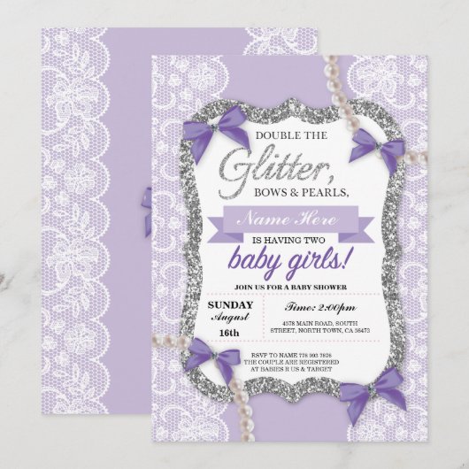 baby shower Paarse Glitter Bow Twins Girls nodigt  Kaart (Voorkant / Achterkant)