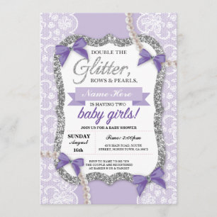 baby shower Paarse Glitter Bow Twins Girls nodigt Kaart