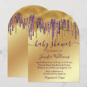 baby shower paarse gouden druppelglitters kaart (Voorkant / Achterkant)