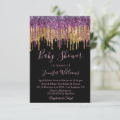 baby shower paarse gouden druppels zwart kaart (Staand voorkant)