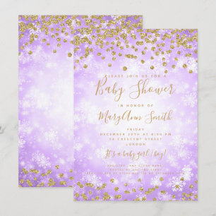 Baby shower Paarse Gouden Glitter Winter Wonderlan Kaart