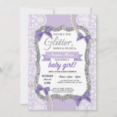 baby shower Paarse Lace Glitter Bow Girl Invite Kaart (Voorkant)