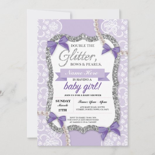 baby shower Paarse Lace Glitter Bow Girl Invite Kaart (Voorkant)