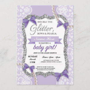 baby shower Paarse Lace Glitter Bow Girl Invite Kaart