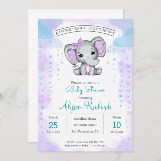 Baby shower Paarse olifant Kaart (Voorkant / Achterkant)