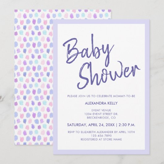 Baby shower Paarse Typografie Waterverf Pastels Kaart (Voorkant / Achterkant)