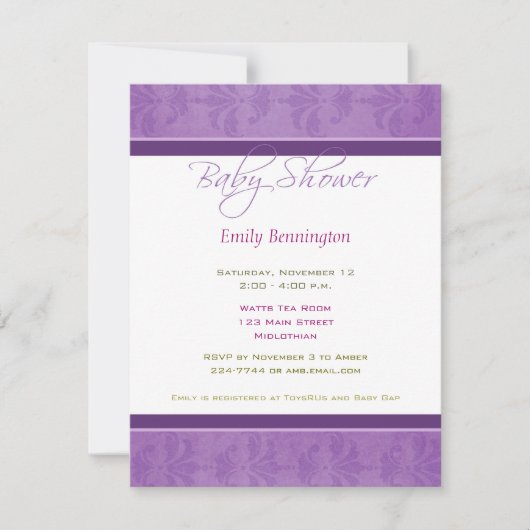 Baby shower Paarse uitnodiging tot het indienen va (Voorkant)