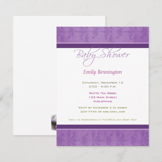Baby shower Paarse uitnodiging tot het indienen va (Voorkant / Achterkant)