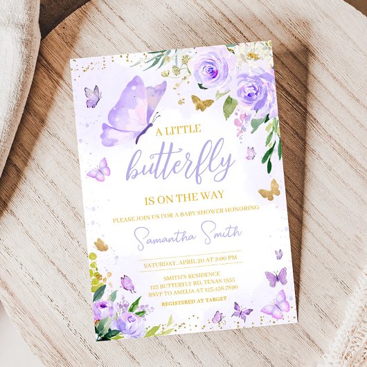 Baby shower Paarse vlinder Kaart