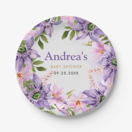 Baby shower Paarse vlinder Papieren Bordje (Voorkant)