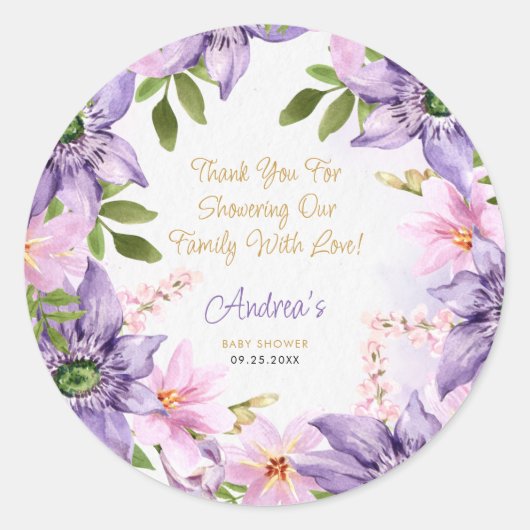 Baby shower Paarse vlinder Ronde Sticker (Voorkant)
