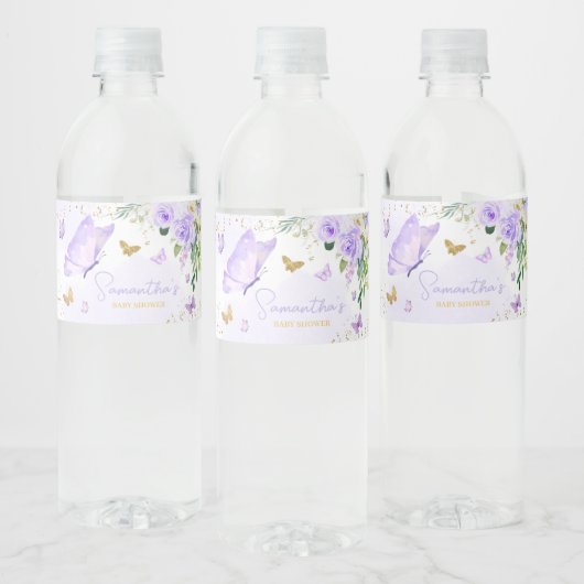 Baby shower Paarse vlinder Waterfles Etiket (Flessen)