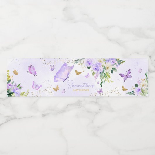 Baby shower Paarse vlinder Waterfles Etiket (Enkel label)