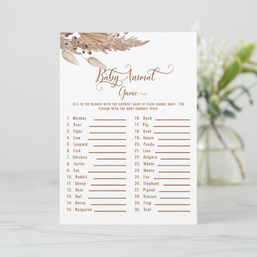 Baby shower Pampas Baby Animal Game II Kaart (Staand voorkant)