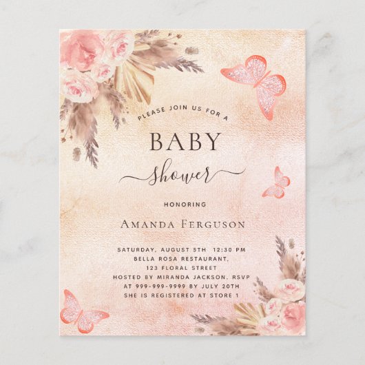 Baby shower Pampas Blush Butterfly Invitation (Voorkant)