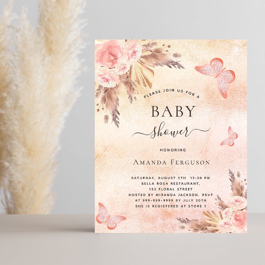 Baby shower Pampas Blush Butterfly Invitation