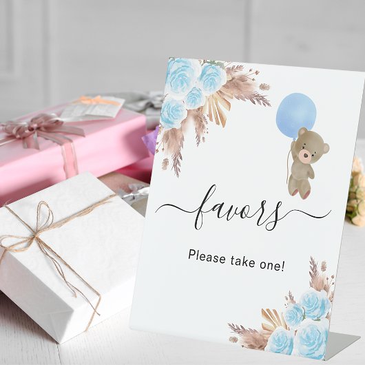 Baby shower pampas gras blauwe teddy beer gunst reclamebord met voetstuk