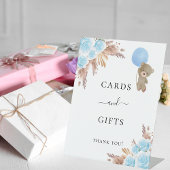 Baby shower pampas gras blauwe teddy kaartjes cade reclamebord met voetstuk