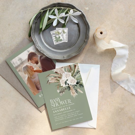 Baby shower pampas gras moderne groene foto kaart