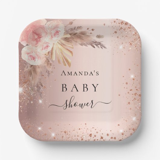 Baby shower pampas gras roos goudflorale glitter papieren bordje (Voorkant)