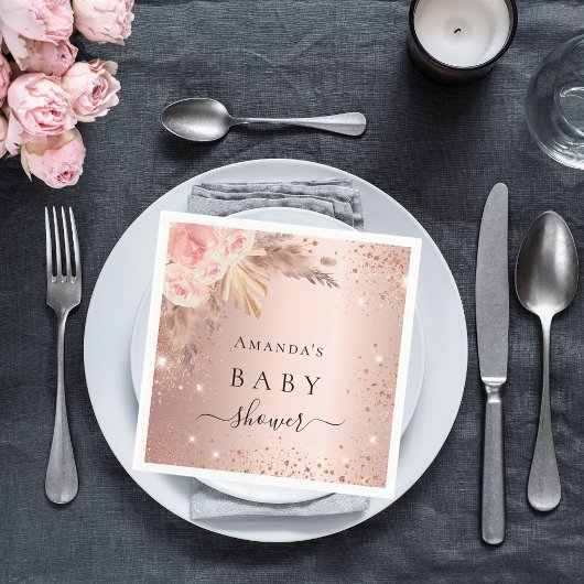 Baby shower pampas gras roos goudflorale glitter servet