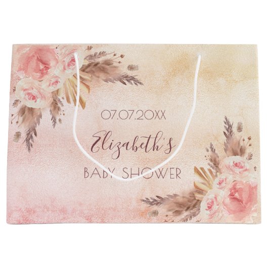 Baby shower pampas gras roos goudroze floraal groot cadeauzakje (Voorkant)